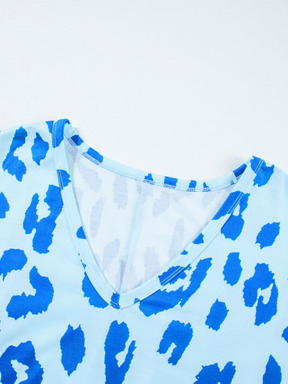 Sky Blue Leopard Printed V Neck Plus Size T Shirt