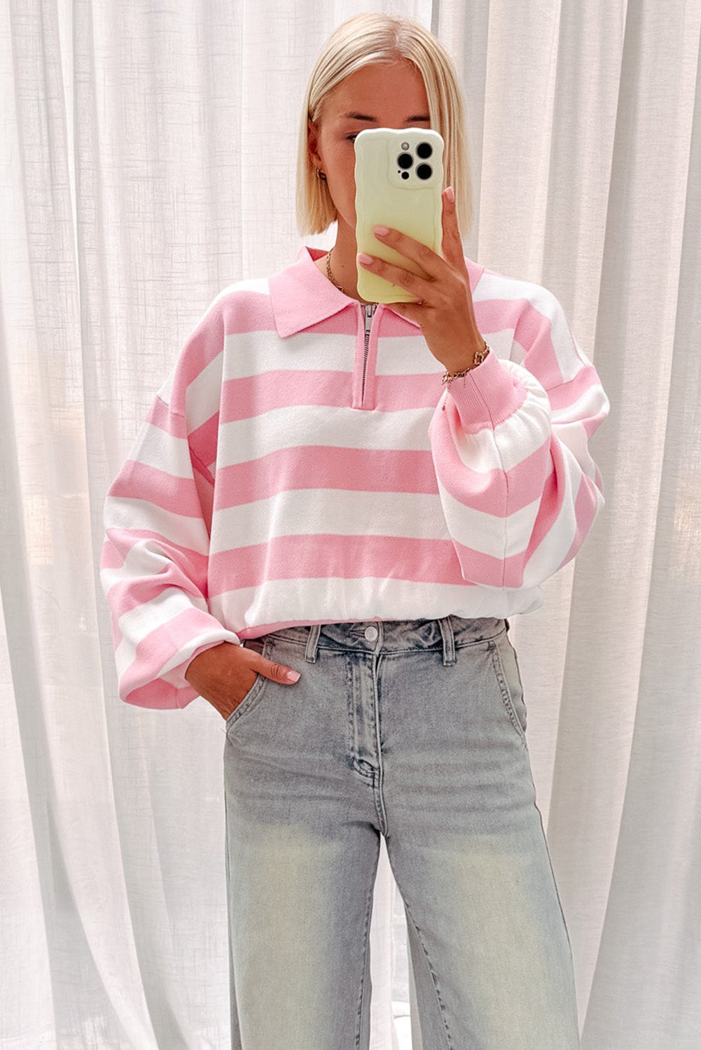 Pink Stripe Collar Zipped Drop Shoulder Casual Sweater