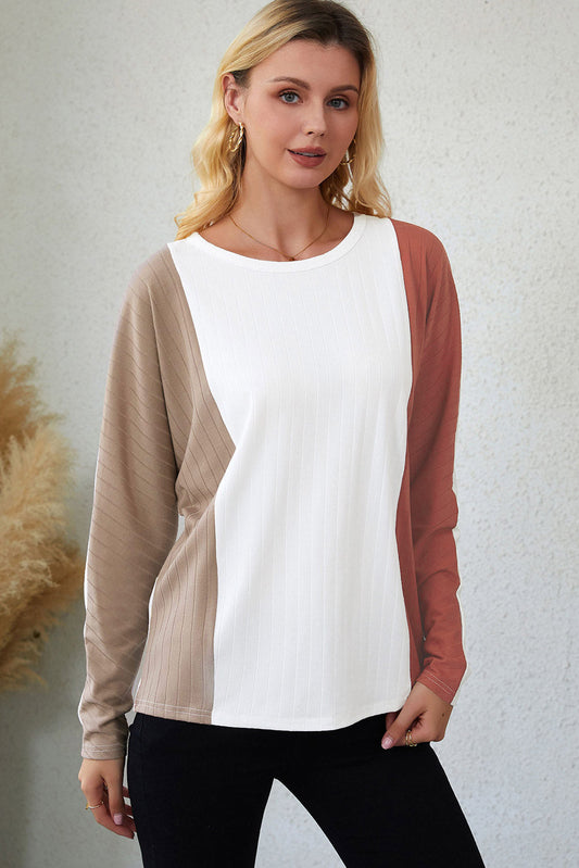 Apricot Striped Ribbed Dolman Knit Top