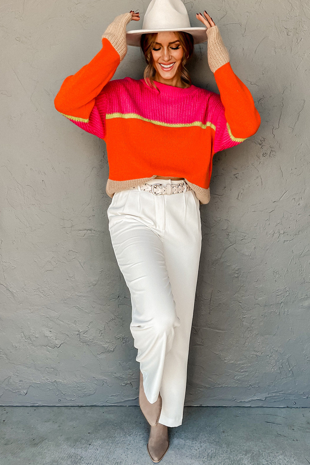 Orange Color Block Drop Shoulder Chic Casual Sweater