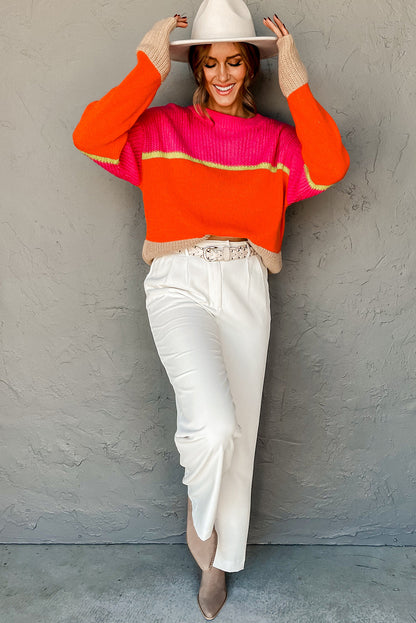 Orange Color Block Drop Shoulder Chic Casual Sweater