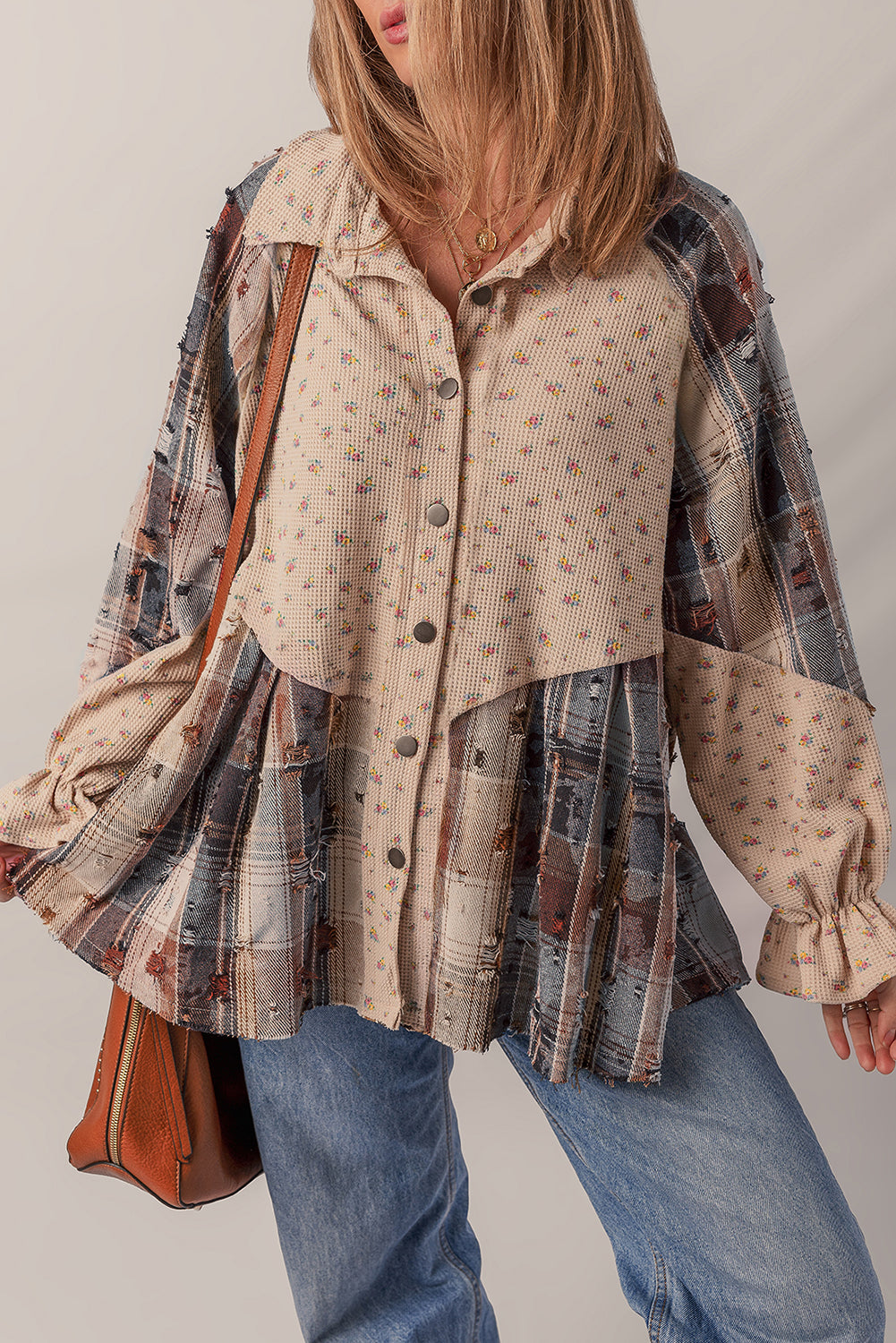Ashleigh Blue Boho Floral Plaid Patchwork Distressed Detail Ruffled Sleeve Waffle Knit Shacket