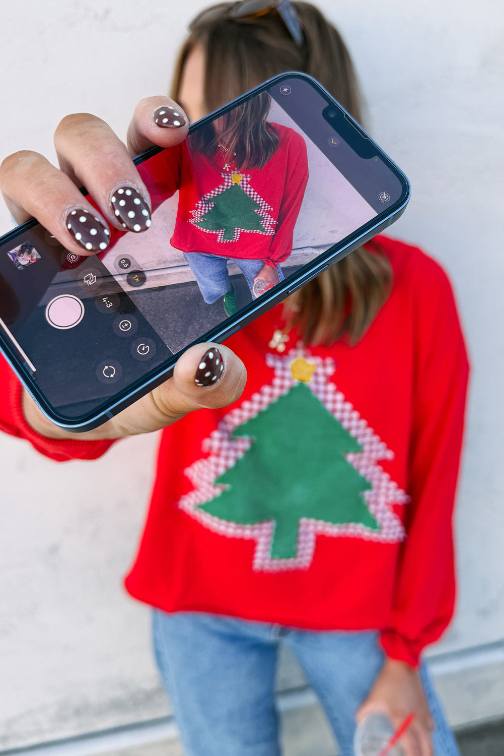 Fiery Red Plaid Frayed Double Christmas Tree Patched Drop Shoulder Plus Size Sweatshirt