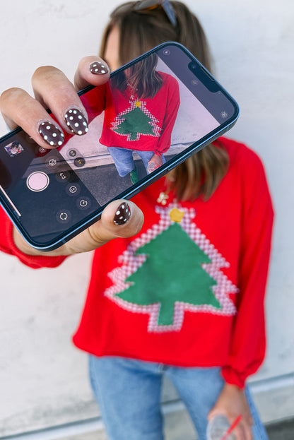 Fiery Red Plaid Frayed Double Christmas Tree Patched Drop Shoulder Plus Size Sweatshirt