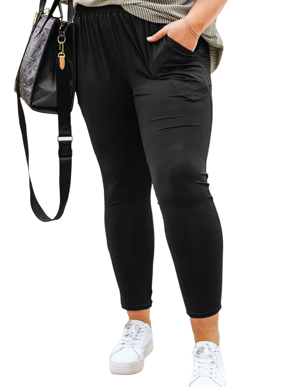 Elegant Black Plus Size High Waist Frilled Soft Pants with Pockets