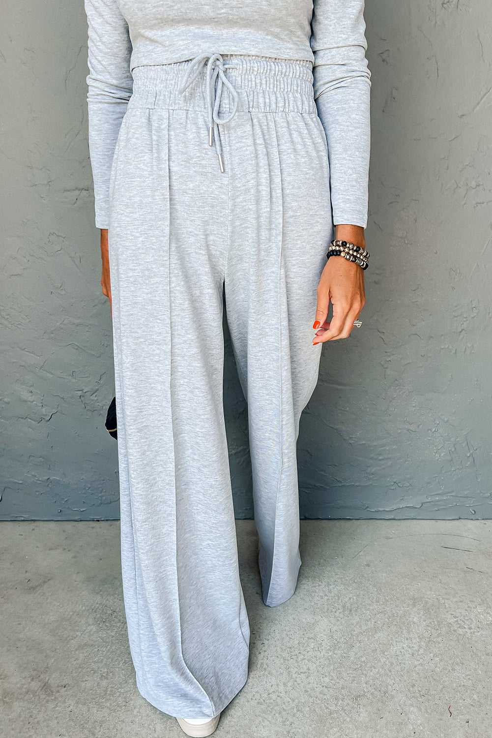 Light Grey Long Sleeve High Neck Slim Top Smocked Waist Central Seam Pants Set