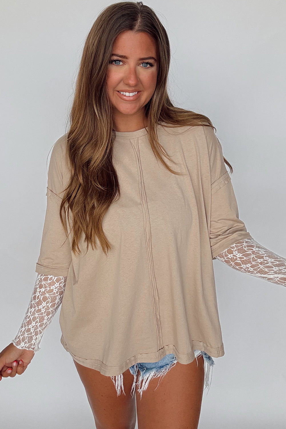 Parchment Raw Hem Detail Lace Patchwork Long Sleeve Tee