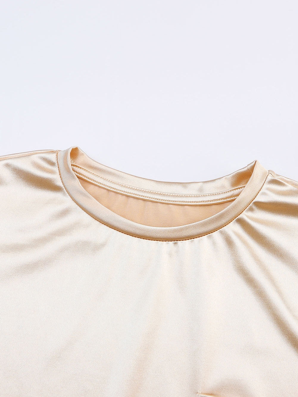 Glittery Apricot Satin Long Sleeve Top with Chest Pocket