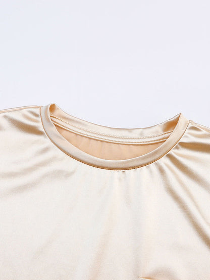 Glittery Apricot Satin Long Sleeve Top with Chest Pocket