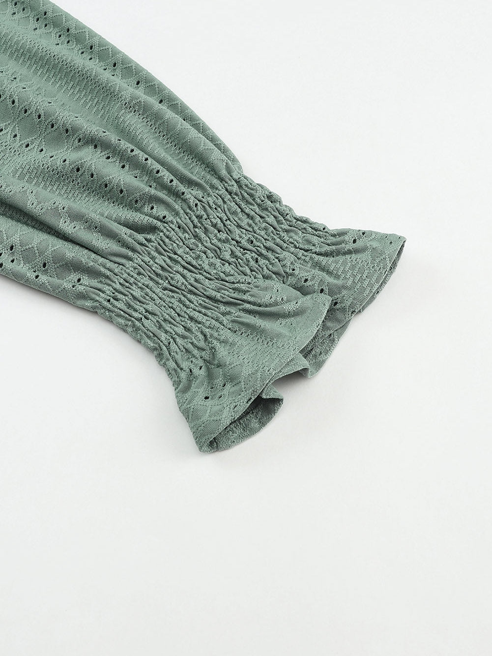 Green Eyelet Jacquard Split Neck Flounce Sleeve Plus Size Blouse