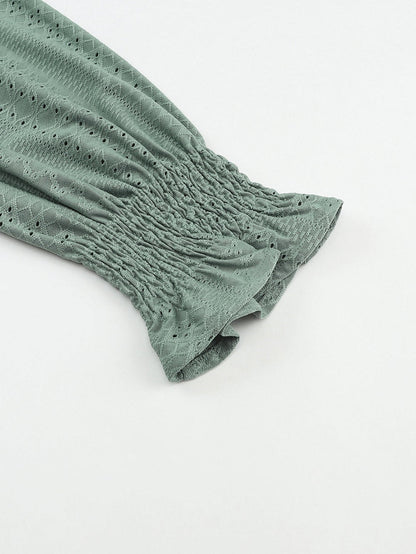 Green Eyelet Jacquard Split Neck Flounce Sleeve Plus Size Blouse