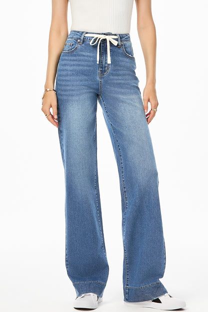 Light Blue Lace-up Button Zip Fly Straight Leg Jeans