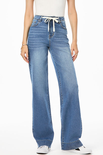 Light Blue Lace-up Button Zip Fly Straight Leg Jeans