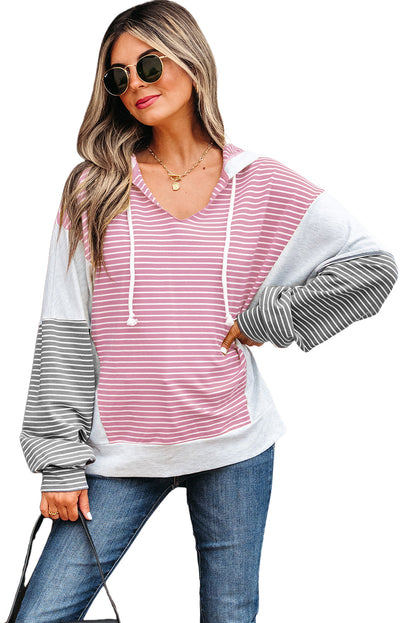 Pink Stripe Color Block Drawstring V Neck Loose Fit Hooded Top