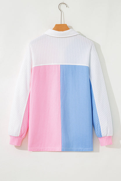 Multicolour Color Block Patchwork Waffle Knit Collar Button Neck Long Sleeve Top
