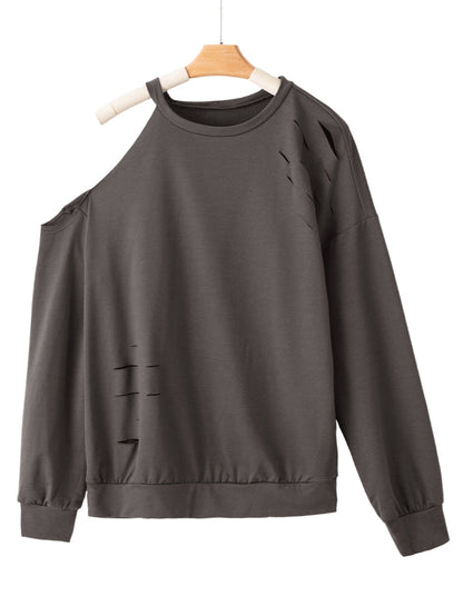 Grey Asymmetric Distressed Cold Shoulder Sweater