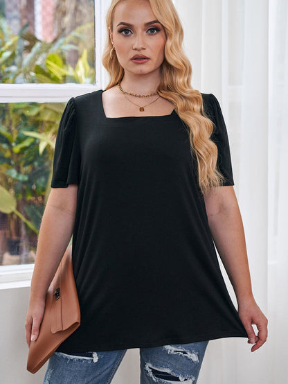 Black Plus Size Square Neck Ruched Shoulder Short Sleeve Top