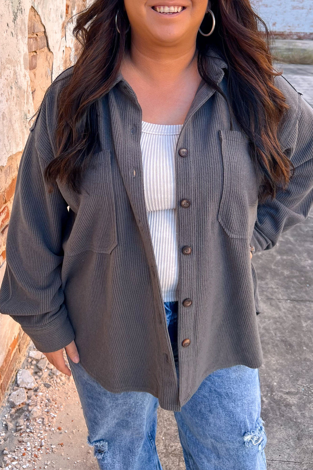 Dark Grey Rib Knit Exposed Seam Button up Plus Shacket