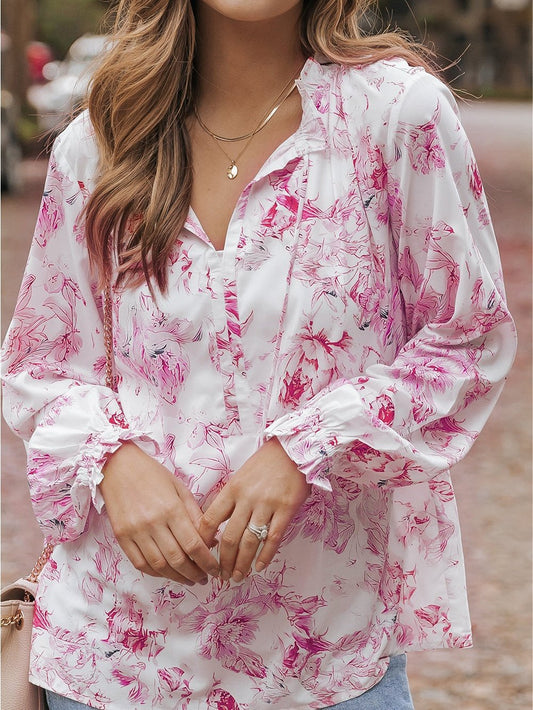 Floral Blossom V-Neck Ruffle Sleeve Blouse