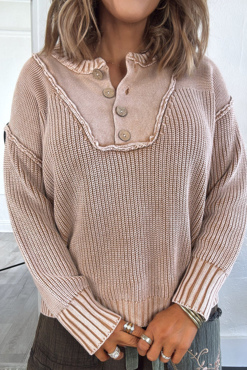 Parchment Solid Color Mix Texture Patchwork Button Neck Drop Shoulder Sweater