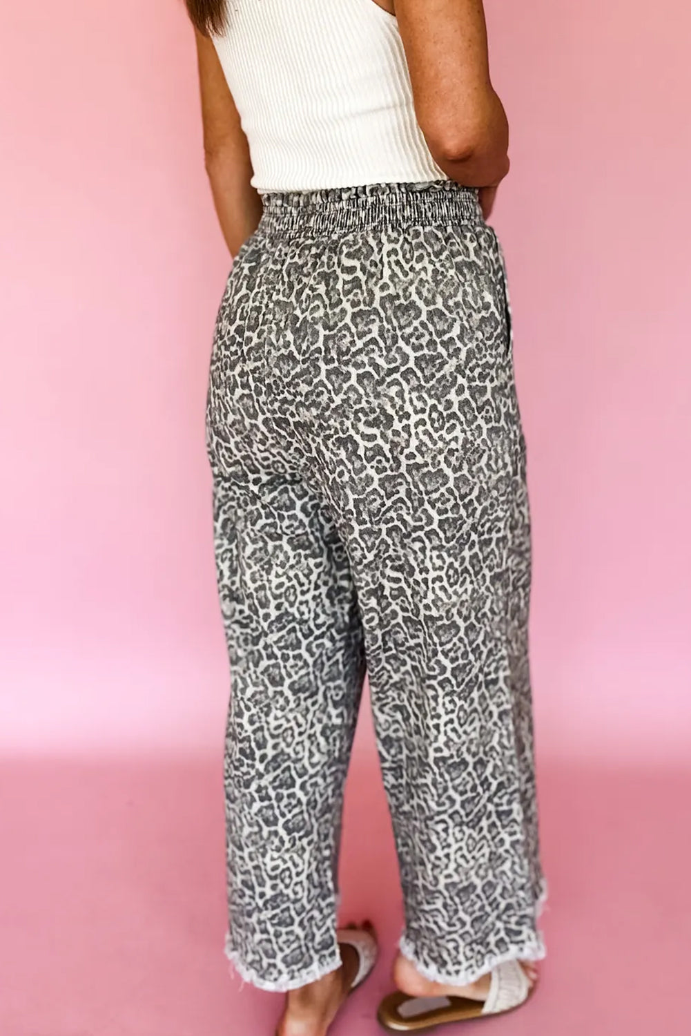 Brown Leopard Print Raw Hem Elastic Waist Loose Pull On Jeans