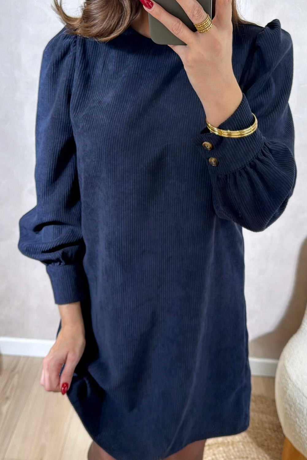 Dirty blue Solid Color Button Cuffed Long Sleeve Corduroy Mini Dress