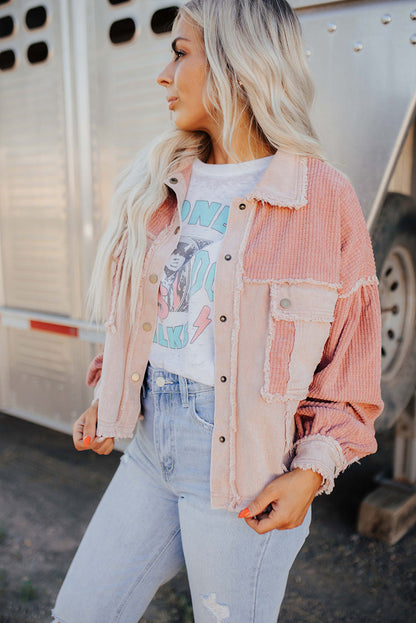 Delicacy Frayed Trim Textured Color Block Patchwork Raw Hem Jacket