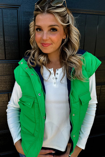 Green Color Block Liner Patchwork Snap Button Zip Up Winter Vest