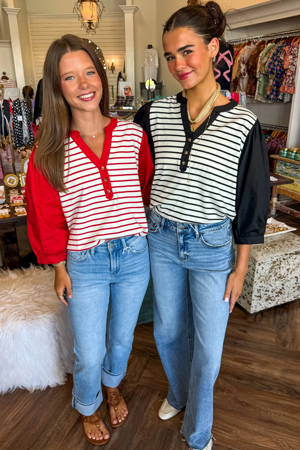 Red Stripe Half Placket V Neck Contrast 3/4 Sleeve Patchwork Top