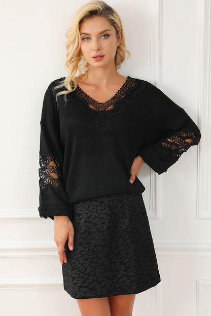 Elegant Black Lace V-Neck Knit Sweater with Hollow Details
