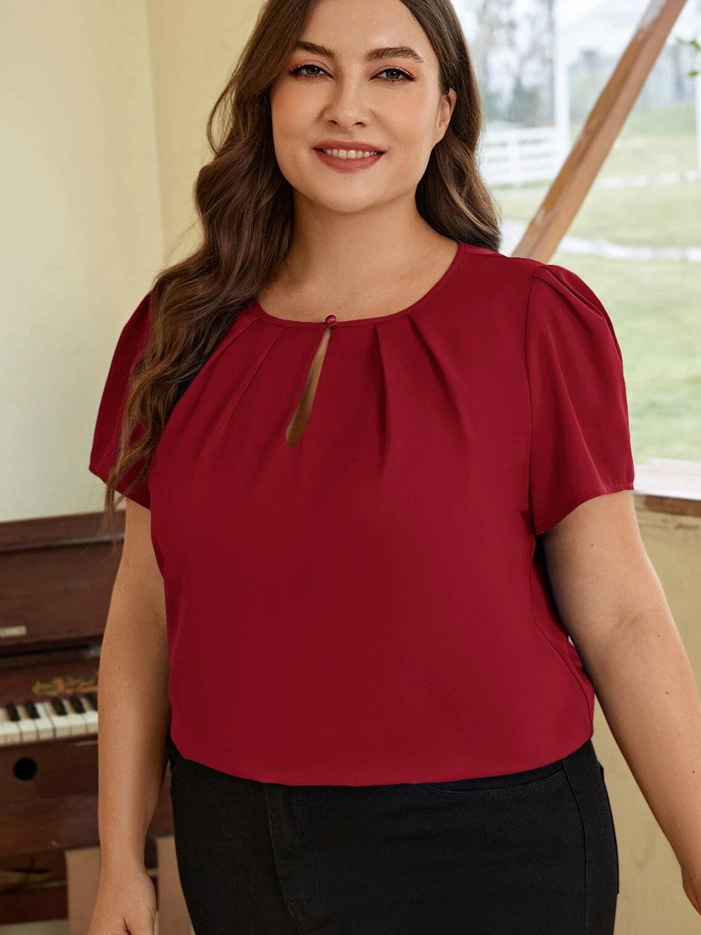 Red Dahlia Keyhole Pleated Crew Neck Plus Size T Shirt