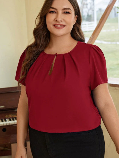 Red Dahlia Keyhole Pleated Crew Neck Plus Size T Shirt