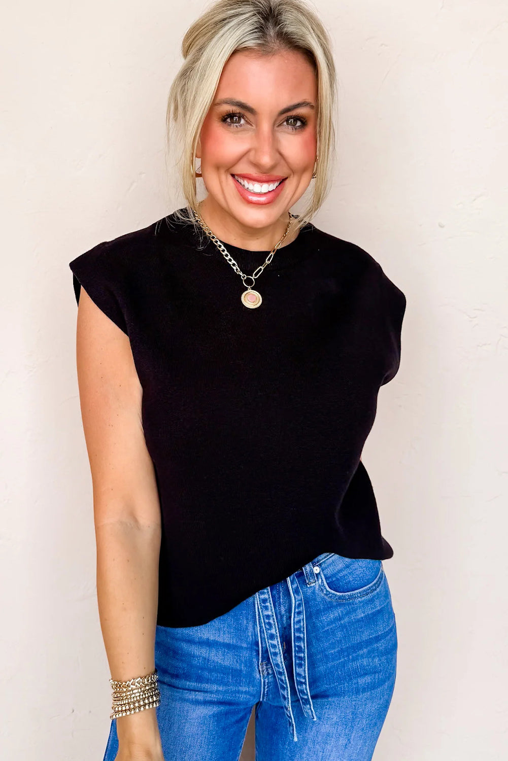 Black Solid Color Knit Cap Sleeve Sweater