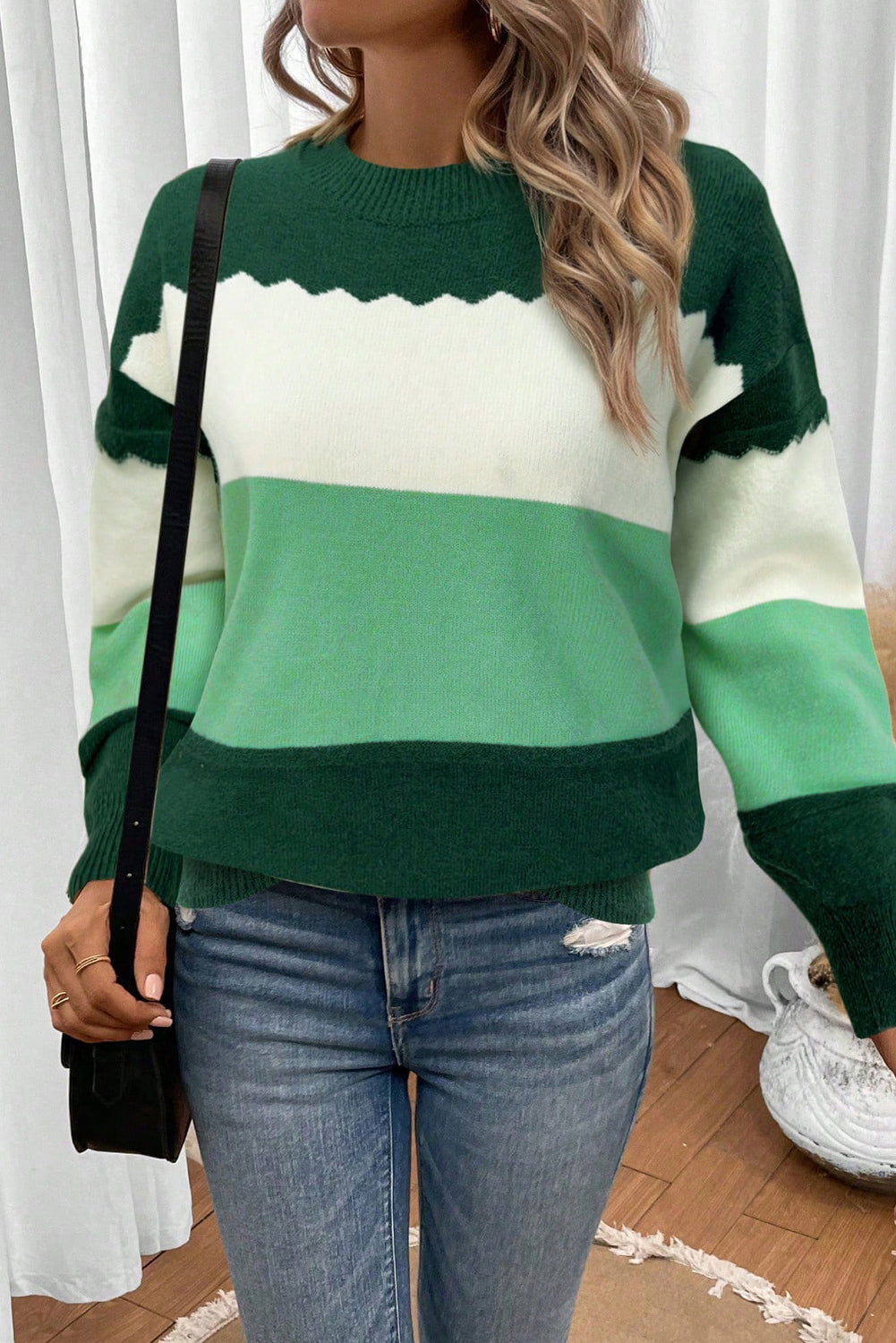 Green Colorblock Crew Neck Drop Shoulder Sweater