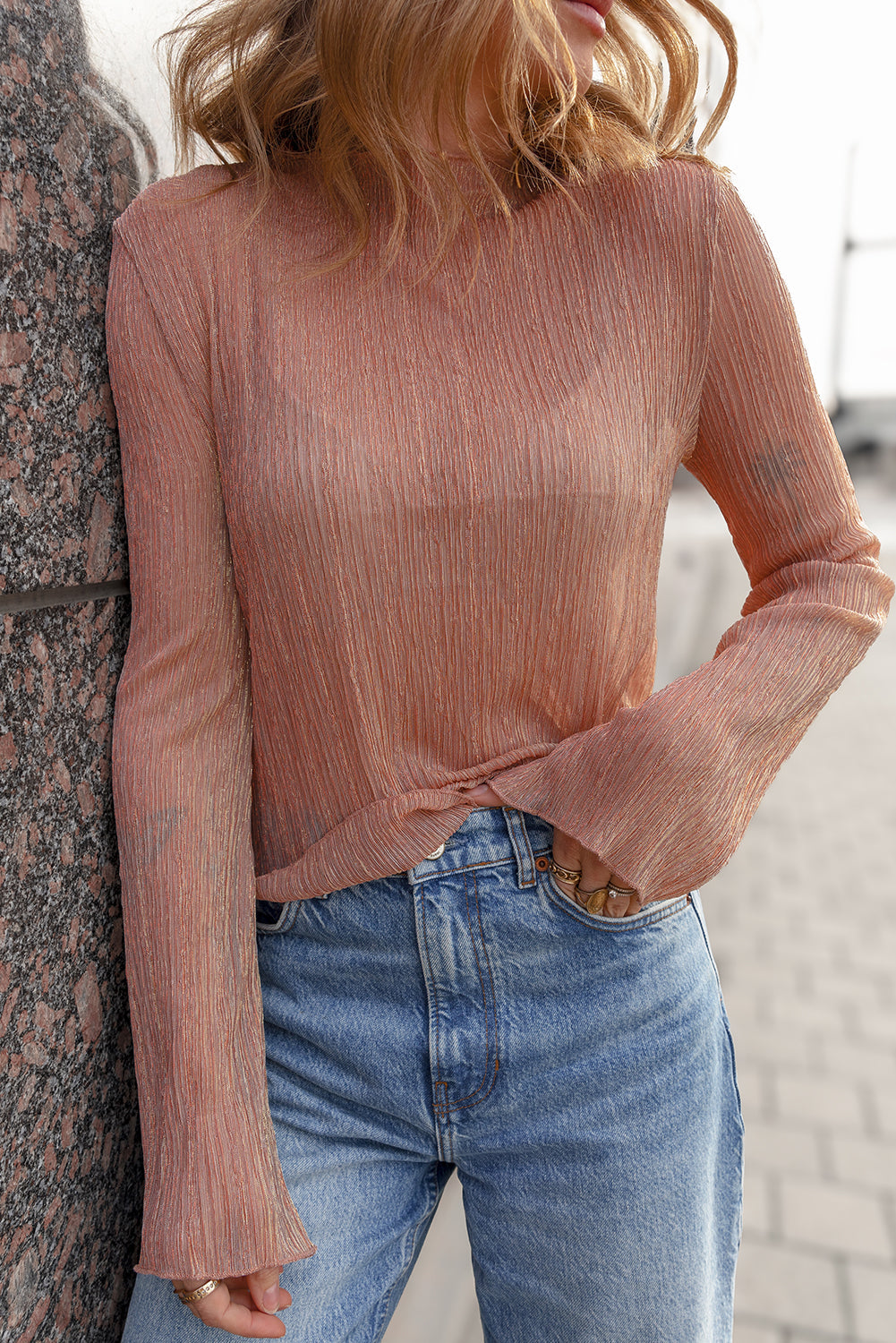 Clay Semi Sheer Textured Mock Neck Long Sleeve Top
