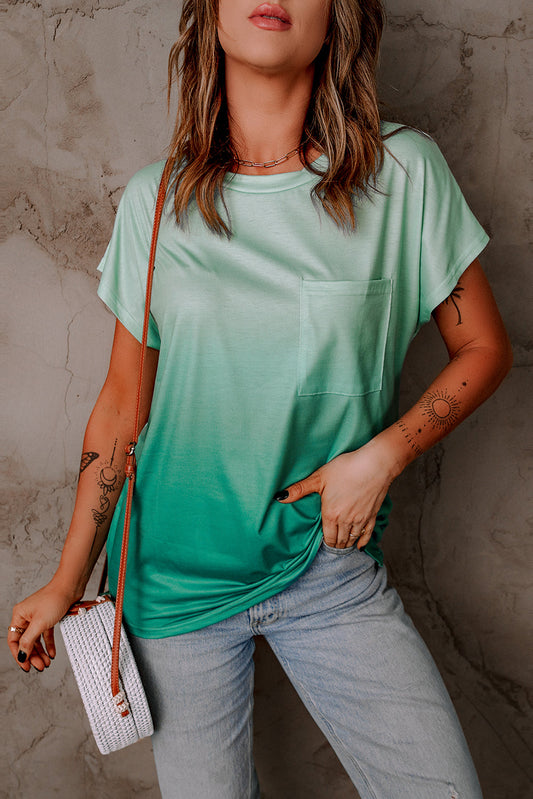 Green Striped Short Sleeve T-Shirt with Pocket and Gradient Color Detail