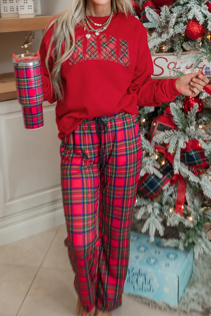 Red Plaid Mama Graphic Christmas Holiday Crewneck Pullover and Pants Two Piece Lounge Set