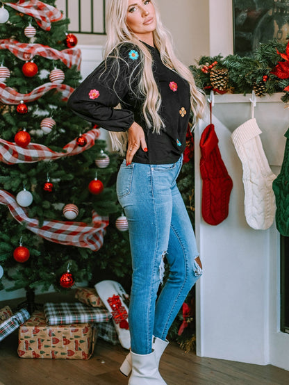 Elegant Black Floral Embroidered Blouse with Puff Sleeves