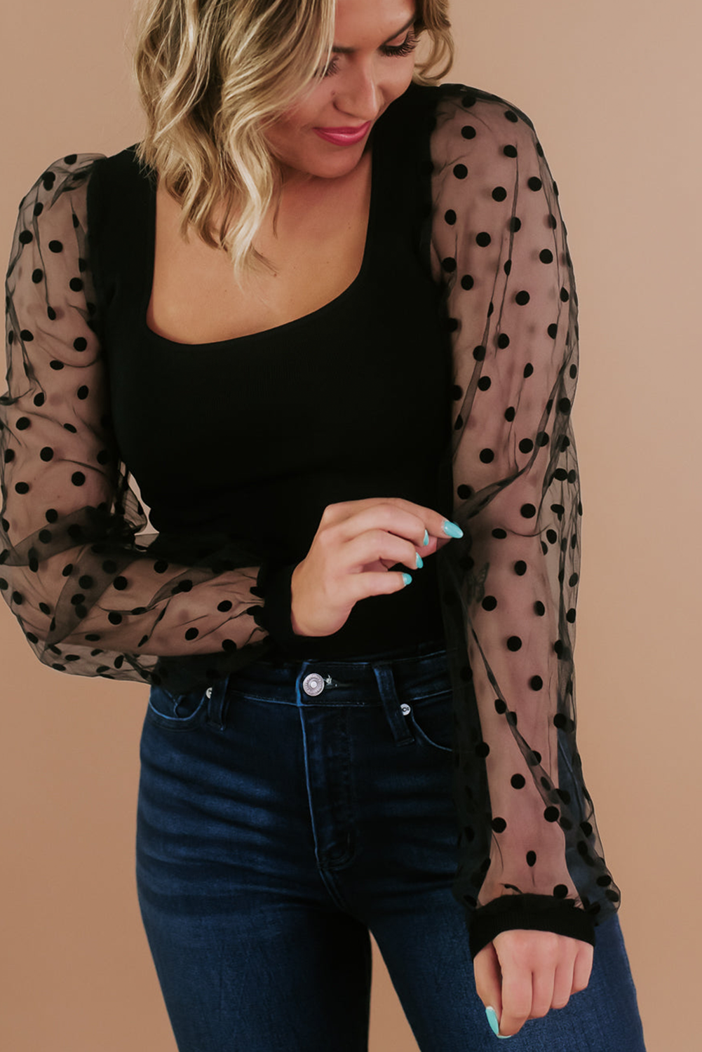 polka dot mesh sleeve top