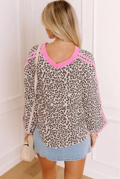 Khaki Leopard Print Contrast V Neck Varsity Stripe Detail Long Sleeve Top
