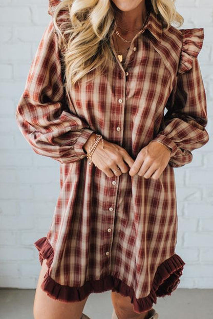Red Plaid Print Ruffled Long Sleeve Patchwork Hem Mini Shirt Dress