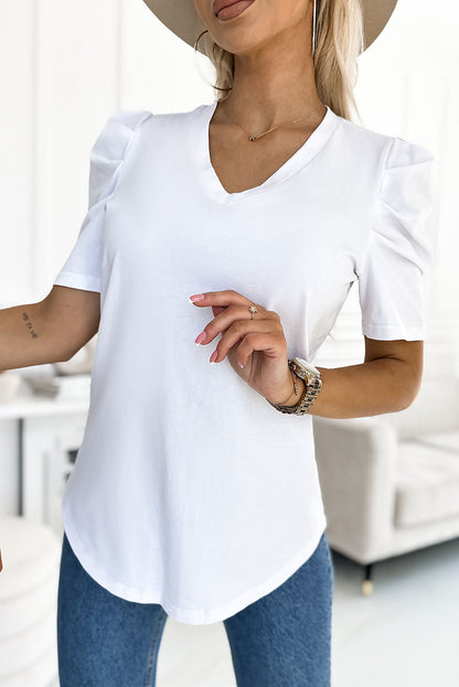 Elegant White Puff Sleeve V-Neck Top