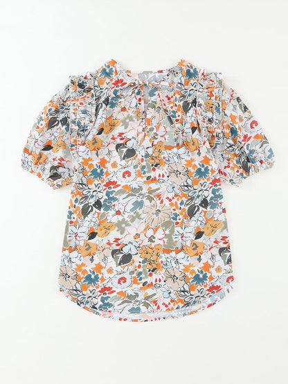 Floral Print Split V Neck Puff Sleeve Blouse