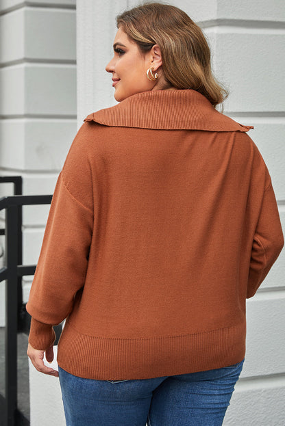 Cozy Brown Zip-Up Collar Plus Size Sweater with Ribbed Detail