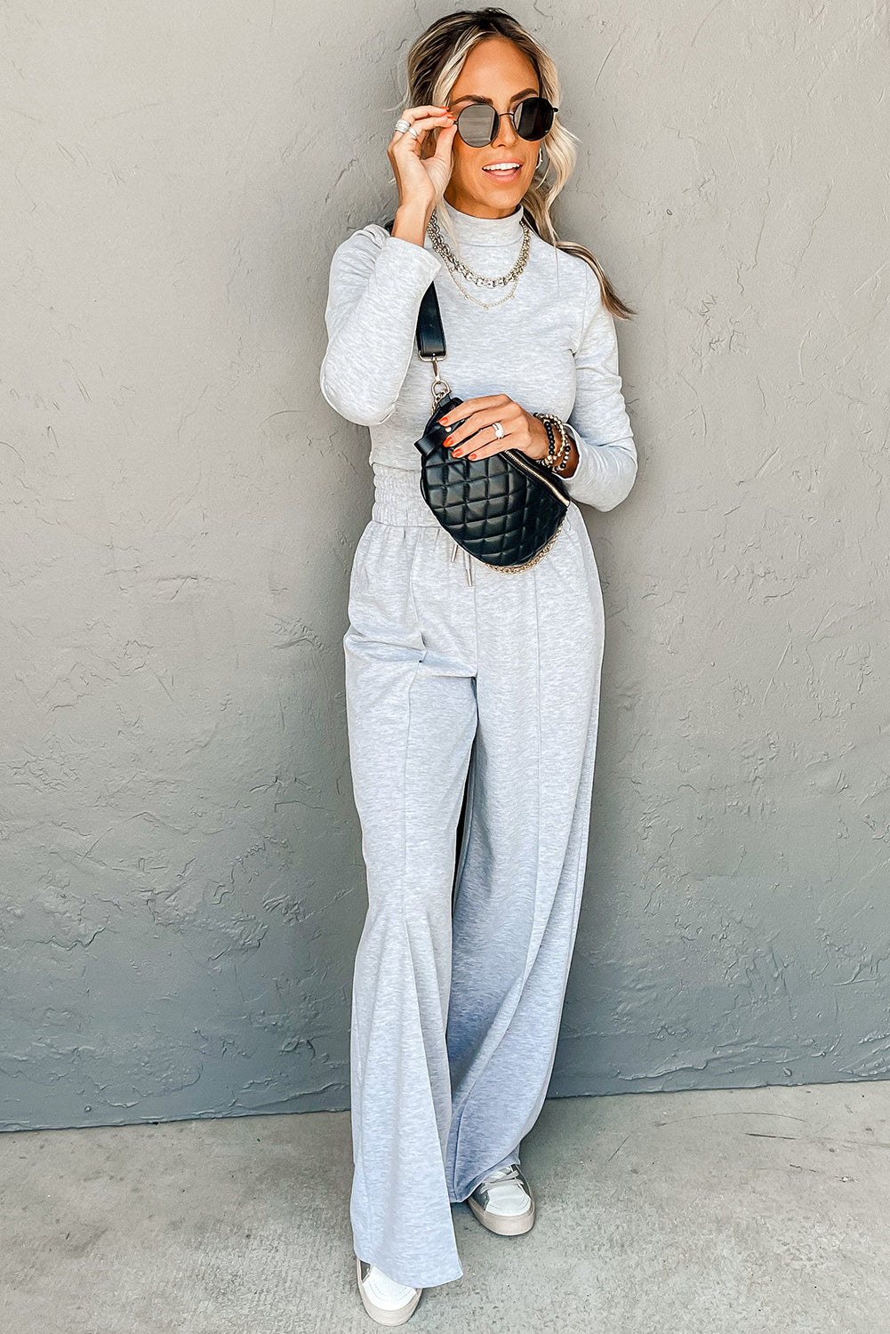 Light Grey Long Sleeve High Neck Slim Top Smocked Waist Central Seam Pants Set