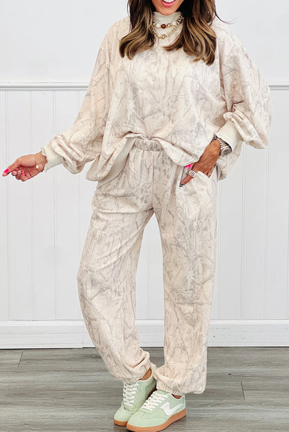 Khaki Abstract Print Baggy Pullover 2pcs Jogger Pant Set