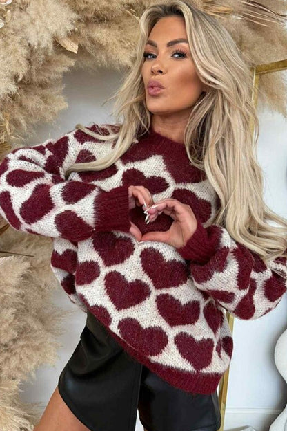 Burgundy Heart Valentine Pattern Mock Neck Baggy Sweater