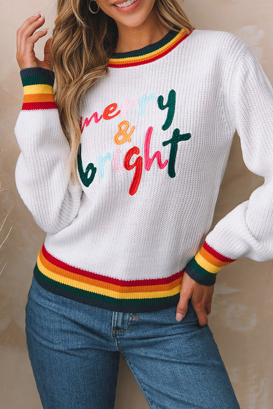 Festive White Stripes Trim Sweater with Merry & Bright Detail