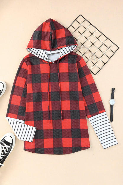 Fiery Red Christmas Plaid Striped Hooded Patchwork Sweatshirt