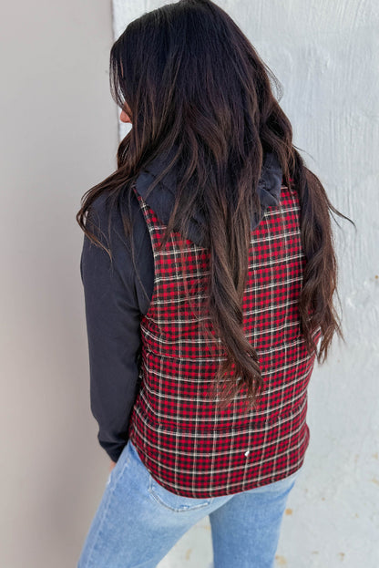 Red Retro Plaid Snap Button Zip Up Winter Vest